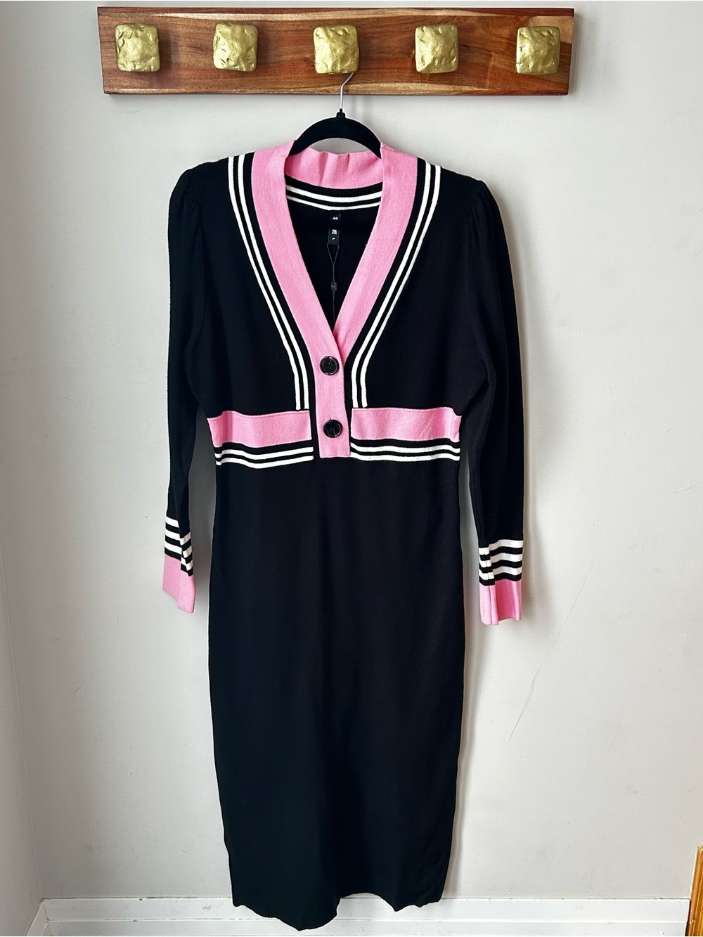 BNWT STYLEWE Knit Bodycon Dress - Preppy Barbiecore Black/Pink Stretchy Size L
